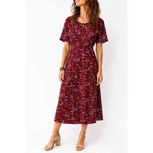 PIPER & SCOOT Burgundy Floral Midi Dress Cottagecore Flutter Sleeve NWT Large
